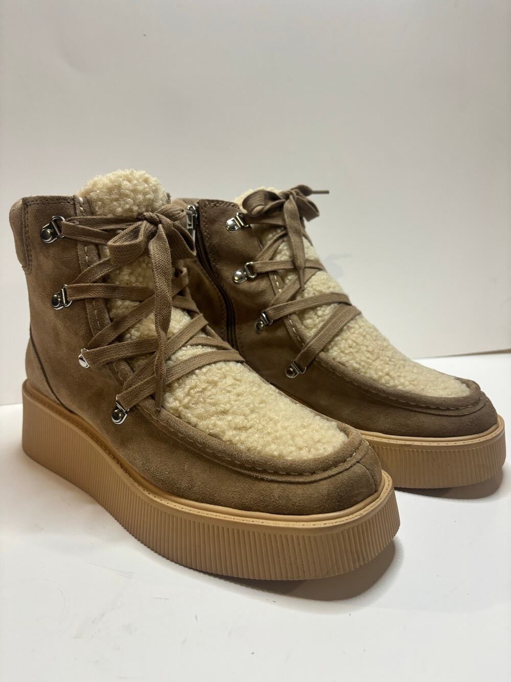 Dolce Vita Tan Suede Shearling Lined Lace Up Boots Side Zip NWOT